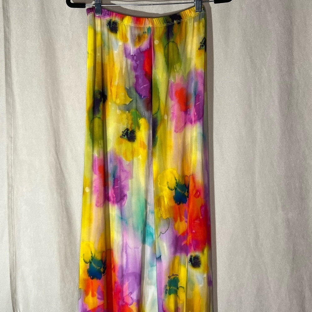 Rocco Barocco Watercolour Floral Silky Maxi Skirt - Size Small in Bright Colours